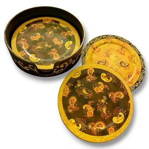 Set/6 Large Lacquered Coasters In A Holder Warm Golds & Browns Paisleys *READ*